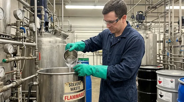 Chemical processing facility worker wearing 8 mil nitrile gloves handling solvents