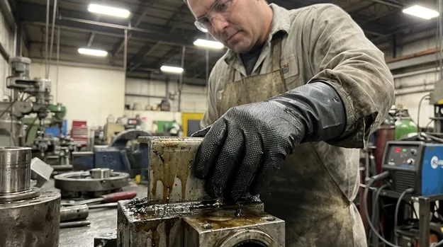 Metalworking fabrication worker using 8 mil textured nitrile gloves on oily metal surface