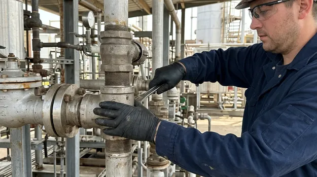 Oil and gas maintenance worker using black 8 mil nitrile gloves on pipe fittings
