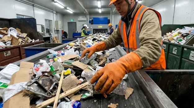 Waste management worker with 8 mil nitrile gloves handling mixed waste stream