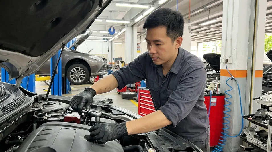 Automotive technician using black nitrile gloves during vehicle service