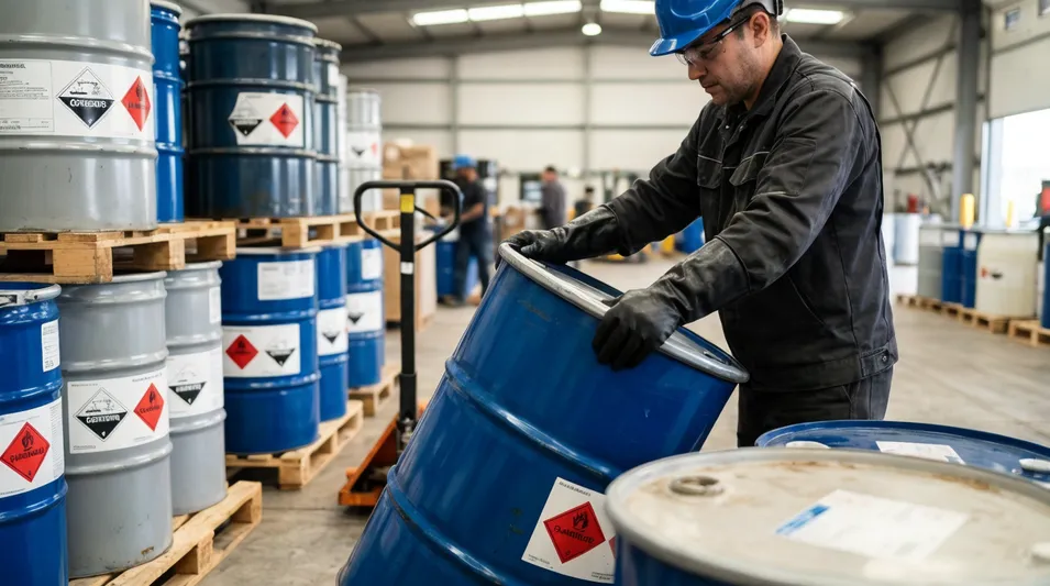 Worker handling chemical drums with heavy-duty black nitrile gloves
