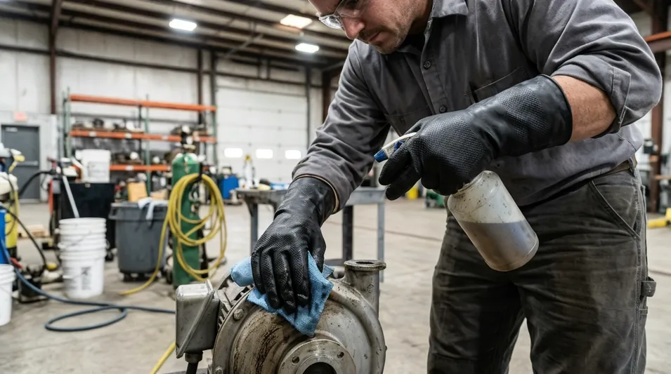 Industrial cleaning contractor using heavy-duty black nitrile gloves