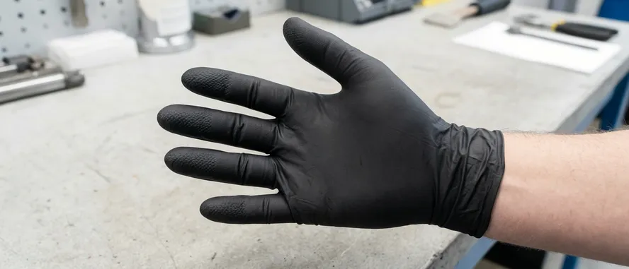 Standard black industrial nitrile glove — 0.10–0.12mm wall thickness