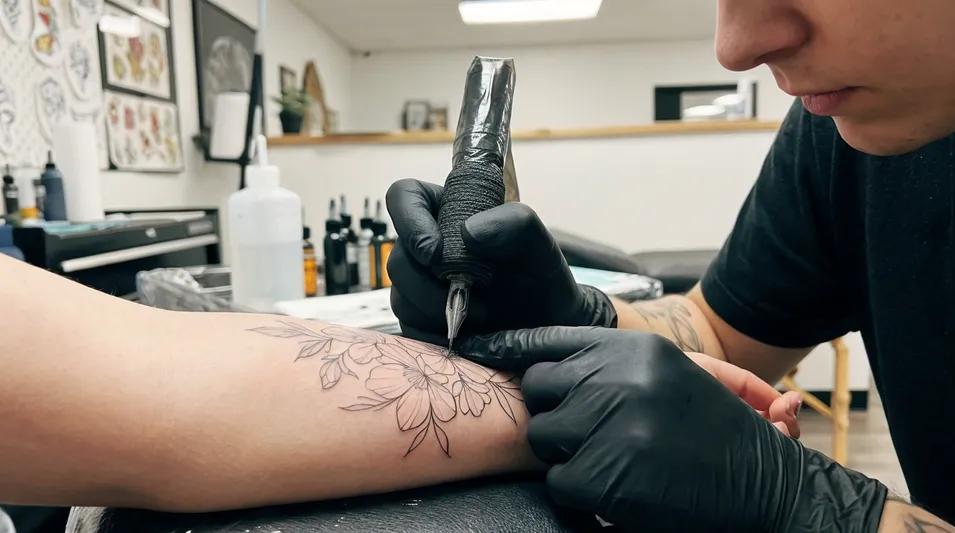 Tattoo artist wearing black nitrile gloves during fine line work