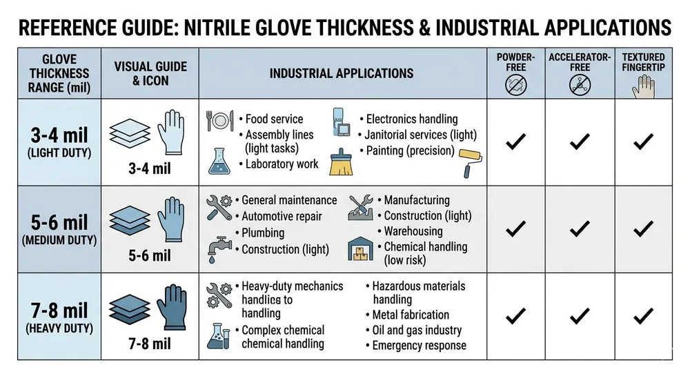 Industrial nitrile glove thickness and application selection guide showing mil ranges for different industrial use cases