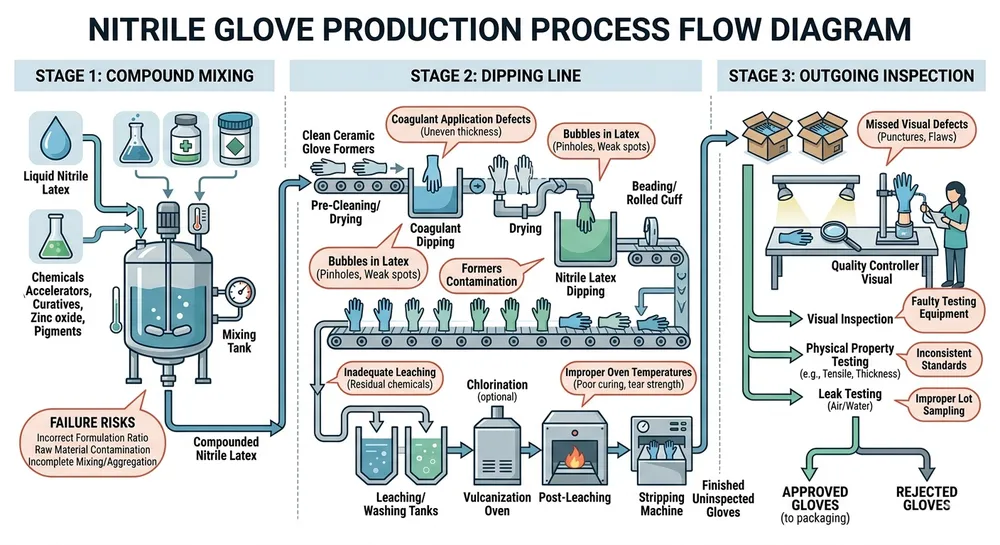 Diagram showing the main spec consistency failure points in bulk nitrile glove sourcing across compound, dipping, and inspection stages
