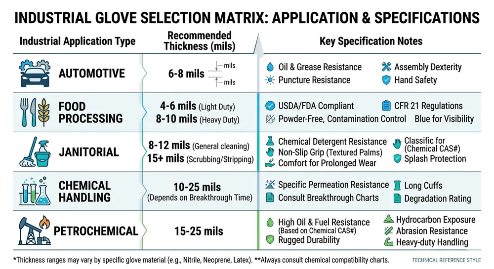 Application-to-Spec Selection Guide Decision chart mapping industrial application types to recommended nitrile glove mil thickness and chemical resistance grade