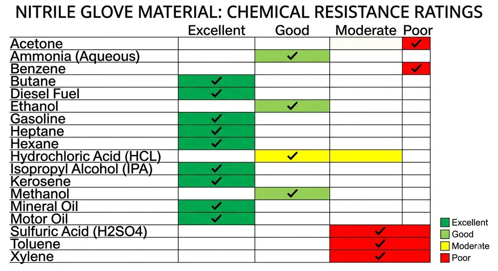 Nitrile Glove Chemical Resistance Chart Industrial nitrile glove chemical resistance rating chart showing excellent, good, moderate, and poor ratings across common industrial chemicals