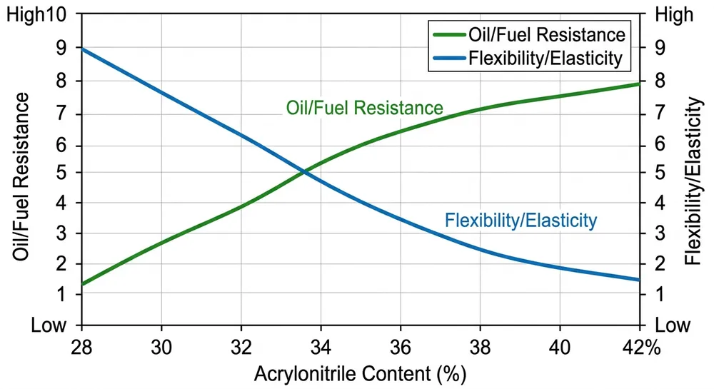Acrylonitrile Content vs Resistance and Flexibility Chart showing the tradeoff between acrylonitrile content percentage and oil resistance versus flexibility in nitrile glove formulations