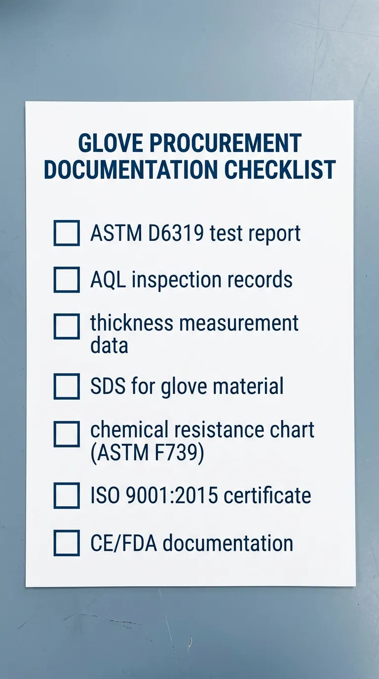 Procurement checklist showing required supplier documents for OSHA industrial nitrile glove compliance verification