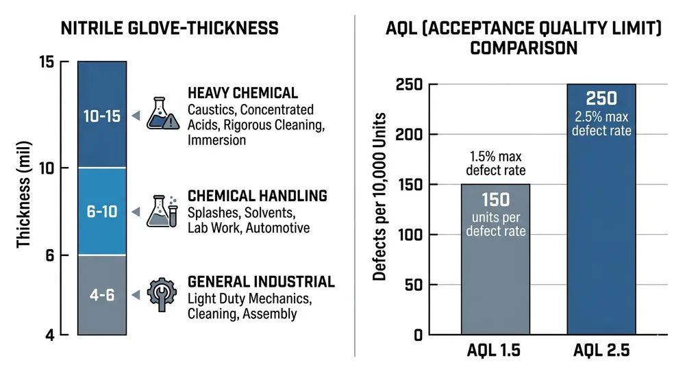 Comparison chart showing industrial nitrile glove mil thickness ranges and AQL levels for OSHA compliance verification