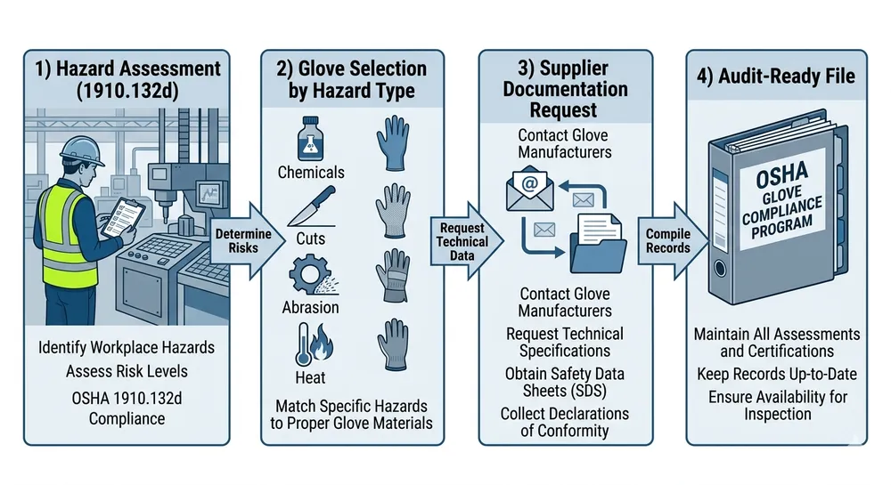 Workflow diagram showing OSHA 29 CFR 1910.138 hand protection compliance steps from hazard assessment to supplier documentation