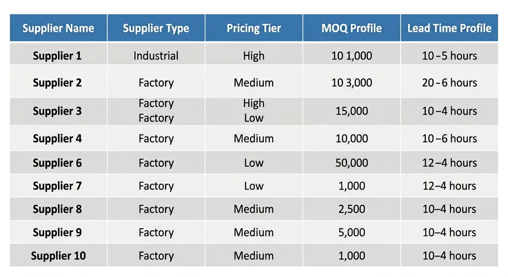 Comparison matrix of industrial nitrile glove suppliers in Australia showing supplier type, pricing tier, MOQ, and lead time profile