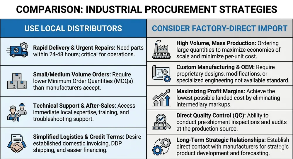 Decision framework diagram for Australian safety distributors choosing between local supplier and factory-direct import for industrial nitrile gloves