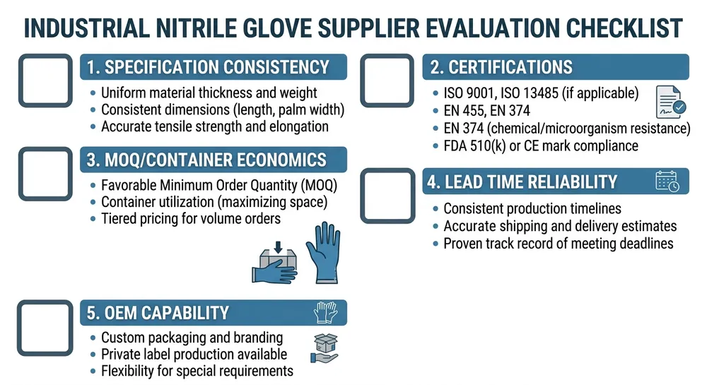 Evaluation checklist for industrial nitrile glove suppliers covering certifications, MOQ, AQL standards, and lead time verification