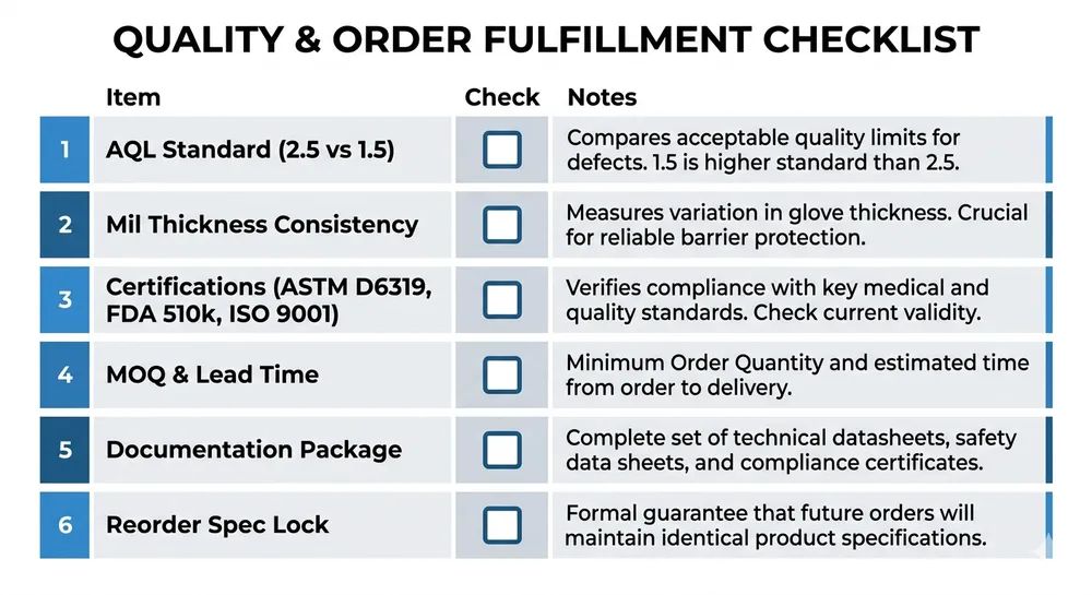 Supplier evaluation checklist for industrial nitrile glove buyers covering AQL, certifications, MOQ, and documentation