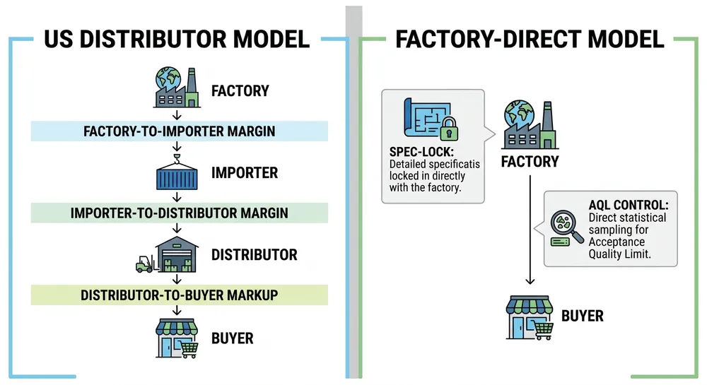 Diagram showing the difference between US distributor and factory-direct nitrile glove supplier models