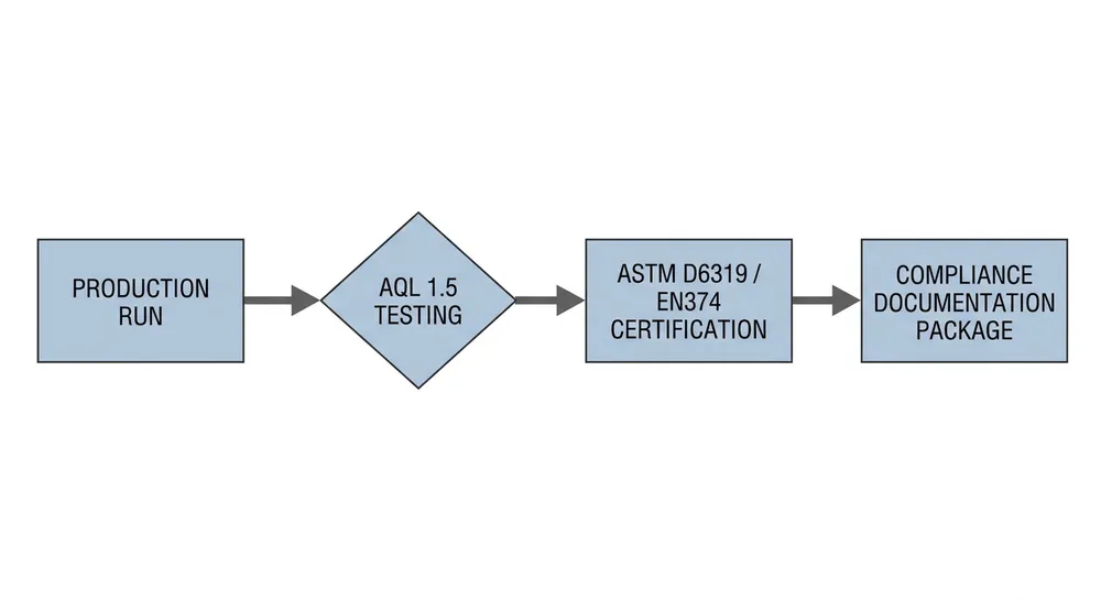 Industrial nitrile glove certification pathway showing ASTM D6319 and EN374 compliance documentation flow