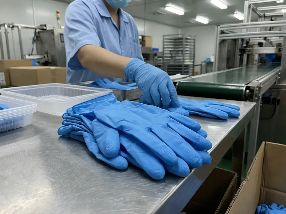 Blue industrial nitrile gloves — powder-free, AQL 1.5, 0.10–0.12mm palm thickness