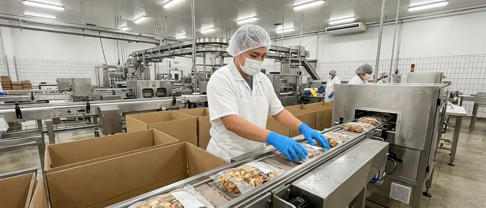 Blue nitrile gloves in food processing environment
