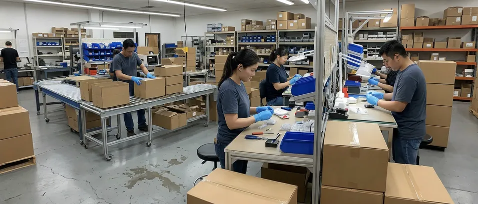 Blue nitrile gloves in light assembly and industrial distribution