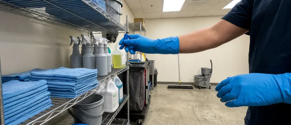 Blue nitrile gloves used in janitorial and facilities management