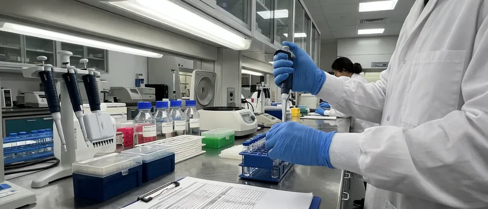 Blue nitrile gloves in pharmaceutical laboratory setting