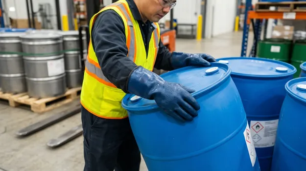 Chemical distribution drum handling with heavy-duty nitrile gloves