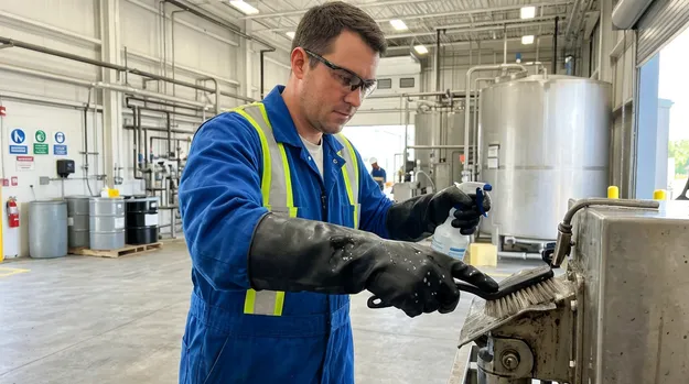Industrial cleaning contractor using chemical resistant nitrile gloves