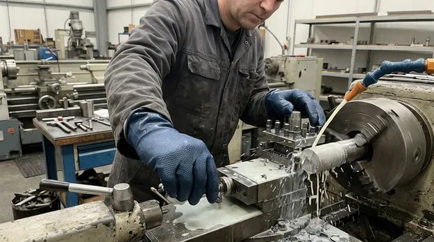 Metalworking machining operation with nitrile gloves for cutting fluid handling