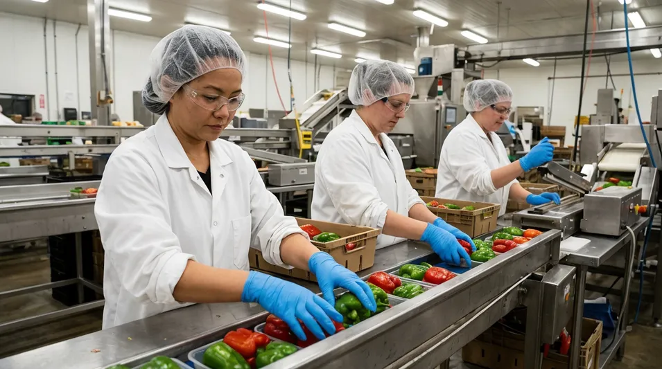 Commercial food processing line workers wearing blue nitrile gloves