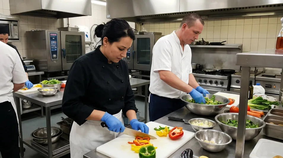 Commercial kitchen staff using food-safe nitrile gloves during food preparation
