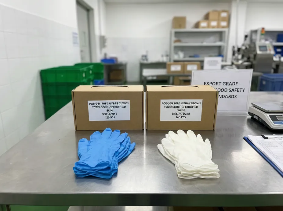 Powder-free food nitrile gloves in blue and white, food-contact certified