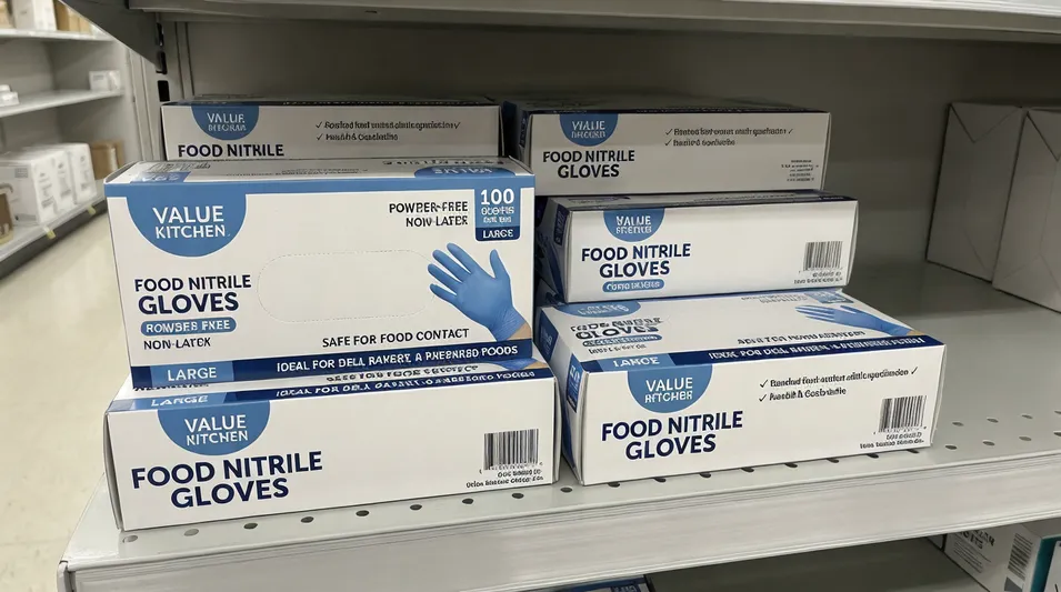 Private-label food nitrile glove packaging for supermarket retail brand