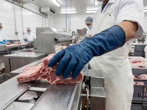 Heavy-gauge nitrile glove for high-puncture-risk food processing environments including bone handling