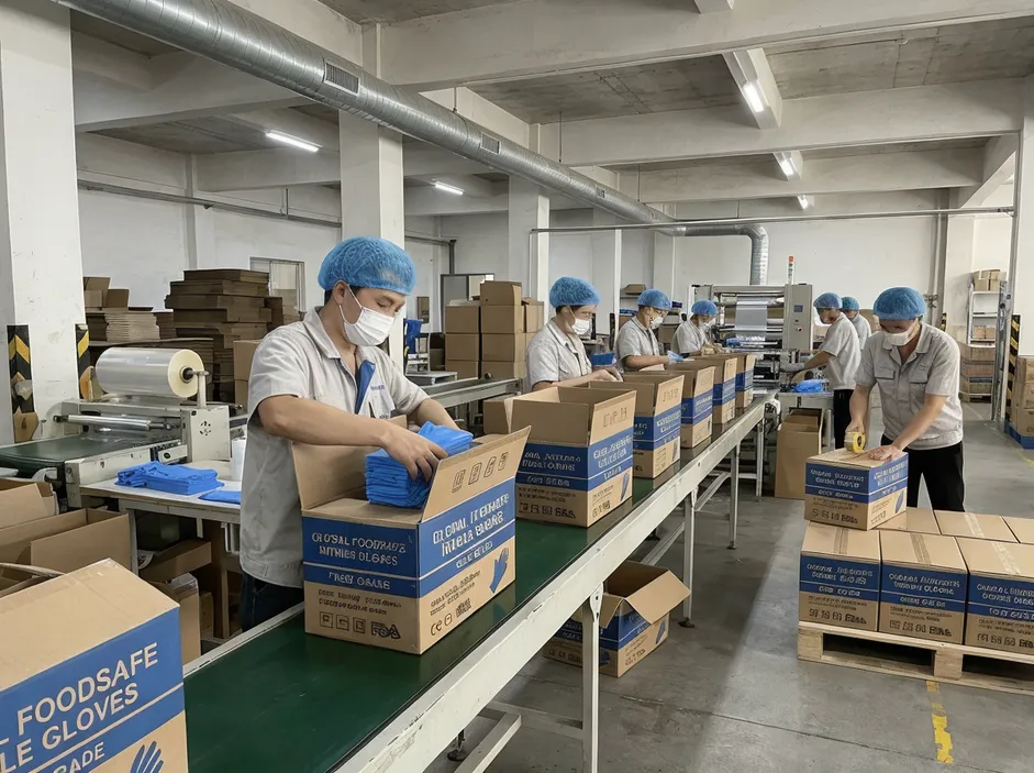Private-label food nitrile glove packaging on production line