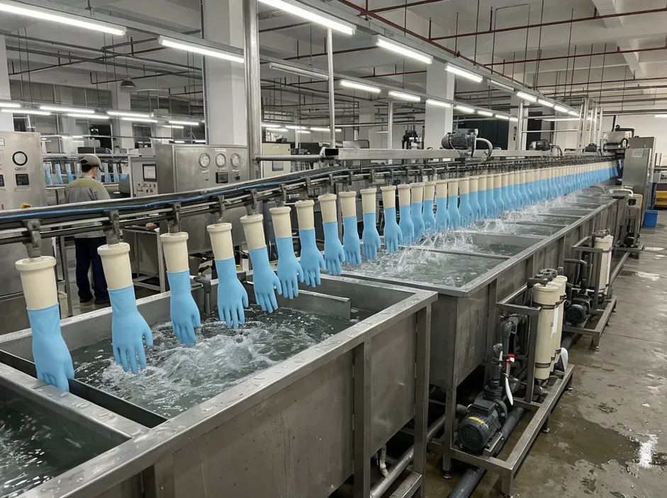 Powder-free nitrile glove chlorination and rinse process for food-contact compliance