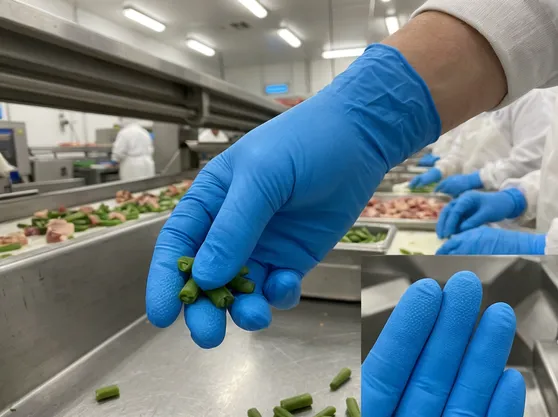 Standard food-contact nitrile glove with fingertip micro-texture for food processing line work