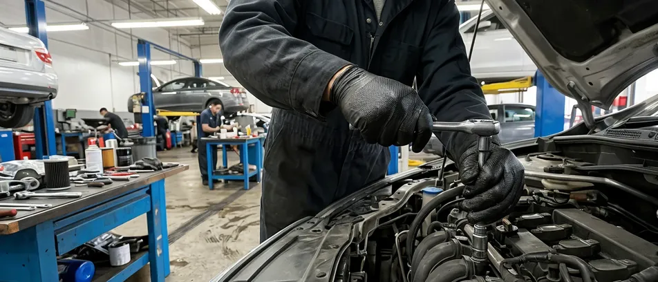 Automotive service and mechanical repair using black heavy duty nitrile gloves