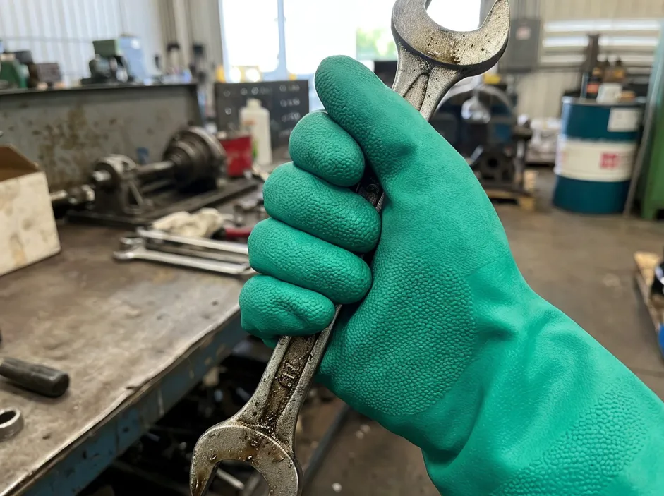 Heavy duty nitrile glove showing full-hand micro-texture surface for industrial grip