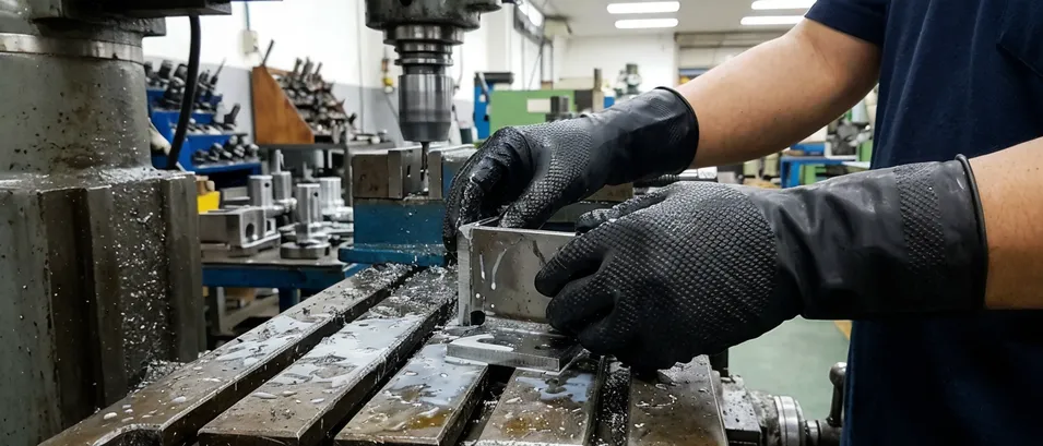 Metalworking and fabrication supply using full-hand texture nitrile gloves