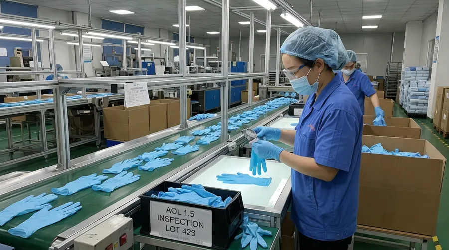 AQL 1.5 outgoing inspection on nitrile glove production line