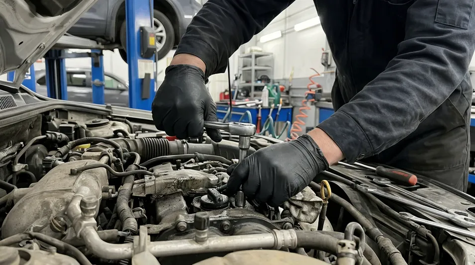 Black nitrile gloves used in automotive service and aftermarket maintenance