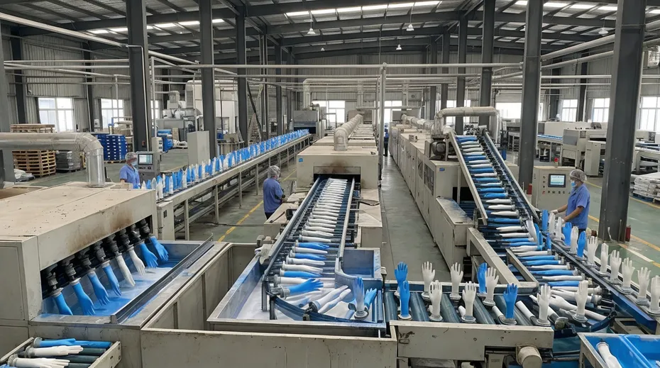 Automated nitrile glove dipping lines at glovemfg facility