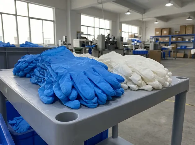 Kitchen nitrile gloves in blue and white colorways for food service
