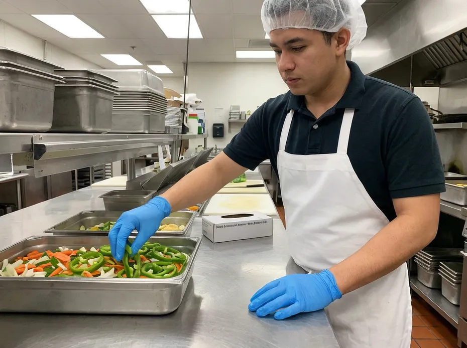 Kitchen nitrile gloves in food service environment — powder-free, food-contact grade