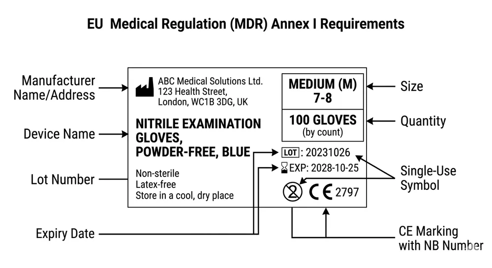 EU MDR Labeling Requirements for Medical Nitrile Gloves EU MDR Annex I labeling requirements diagram for medical nitrile gloves showing required label elements