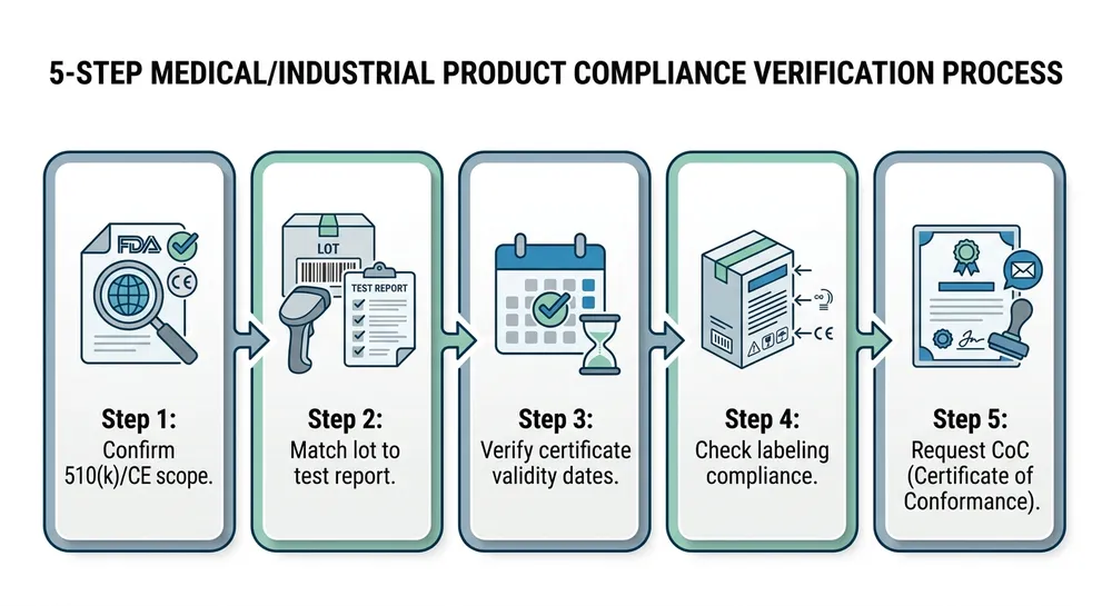 Certification Verification Workflow — Pre-Shipment Step-by-step workflow diagram for verifying medical nitrile glove certifications before container shipment