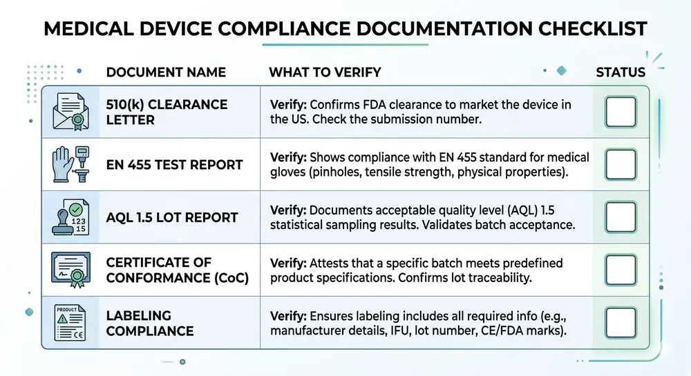 Pre-Shipment Documentation Checklist Pre-shipment documentation checklist for medical nitrile glove import compliance showing five required documents